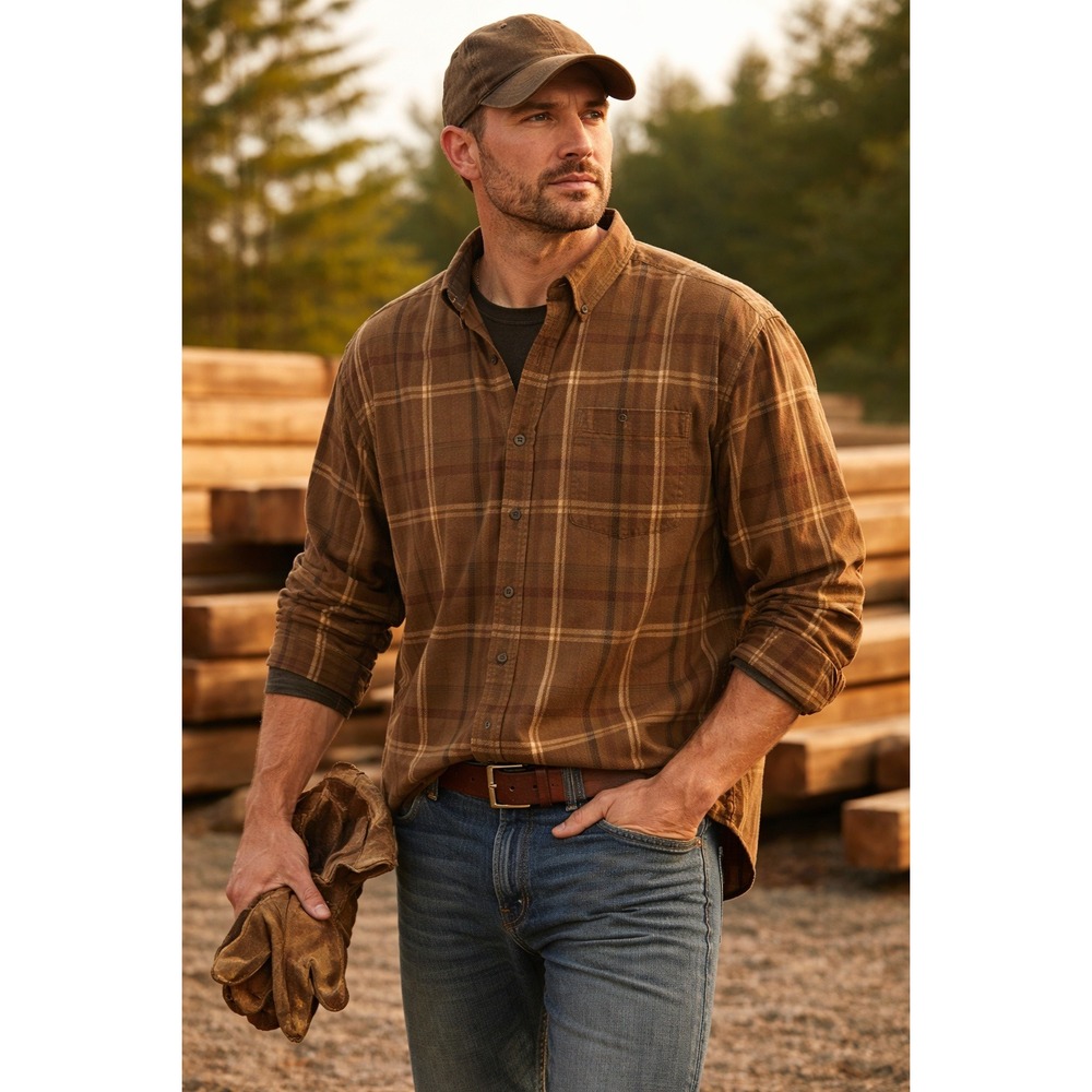 CE Schmidt Shirt Mens Brown Plaid Button Up‎ Flannel Outdoors Workwear Adult